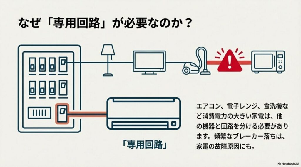 エアコンや電子レンジなどの消費電力が大きい家電には、他の機器と分けた「専用回路」が必要であることを解説した図。
