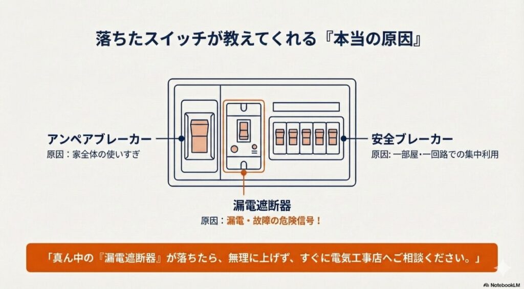 アンペアブレーカー(家全体の使いすぎ)、安全ブレーカー(一部屋の使いすぎ)、漏電遮断器(故障・漏電)のそれぞれの役割と落ちる原因を解説した図。