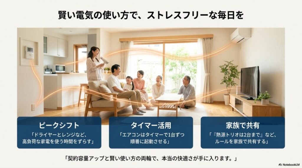 家電を使う時間をずらす「ピークシフト」、エアコンの「タイマー活用」、家族での「ルール共有」という3つの対策ポイントをまとめた図。