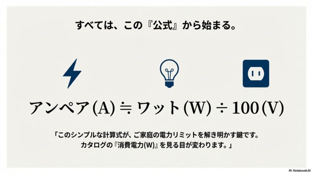 アンペア(A)はワット(W)÷100(V)で簡易計算できることを示した解説スライド。
