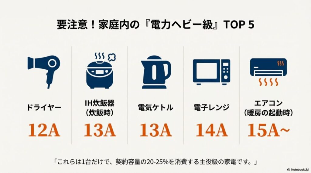 ドライヤー、IH炊飯器、電気ケトル、電子レンジ、エアコンなどの高負荷家電のイラストと、それぞれの消費電流目安(12A〜15Aなど)。