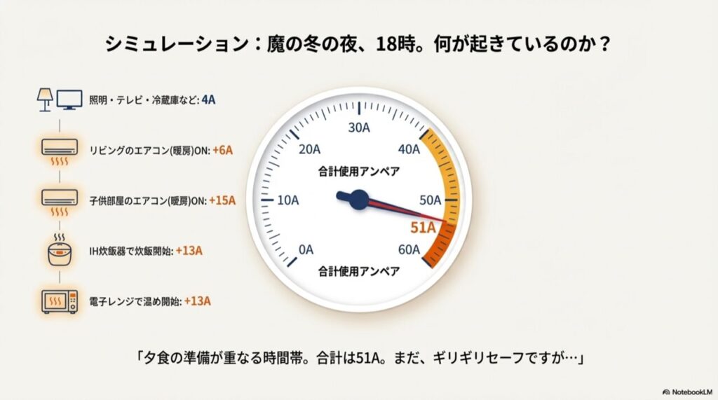 冬の夕方18時、エアコン2台、炊飯器、電子レンジなどを同時使用して、60A契約のうち51Aを使用している状態のメーター図。