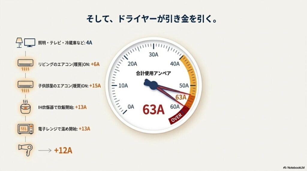 先ほどの51Aの状態にドライヤー(12A)が加わり、合計63Aとなって契約容量60Aを超え、ブレーカーが落ちる様子を示した図。