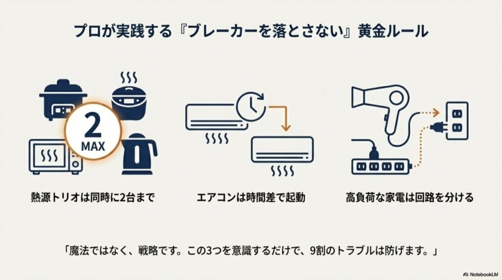 ドライヤー、炊飯器、電子レンジなどの熱を出す家電は、同時に使うのを「最大2台まで」にするというルールを図解したスライド。
