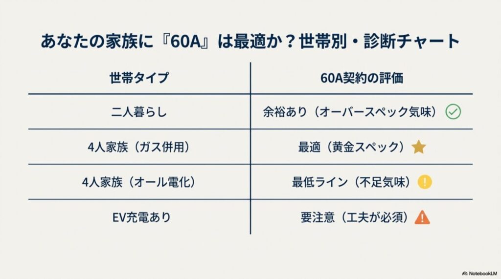 二人暮らし、4人家族(ガス併用)、4人家族(オール電化)、EVありの各世帯タイプに対し、60A契約が「余裕」「最適」「不足」のどれに当たるかを判定した表。