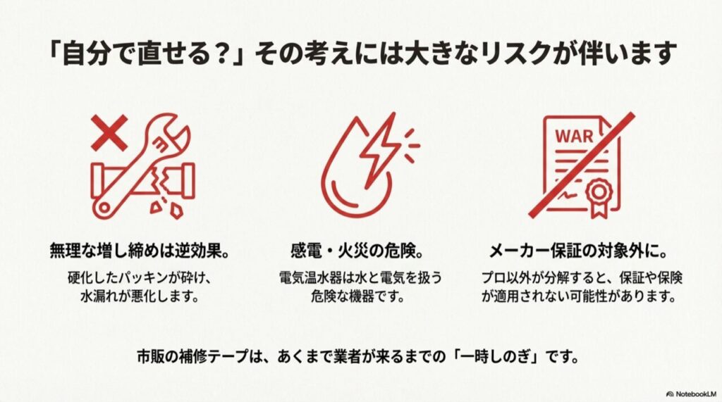 無理な増し締めによる破損、感電・火災のリスク、メーカー保証対象外になるなど、自己修理の危険性を警告するイラスト。