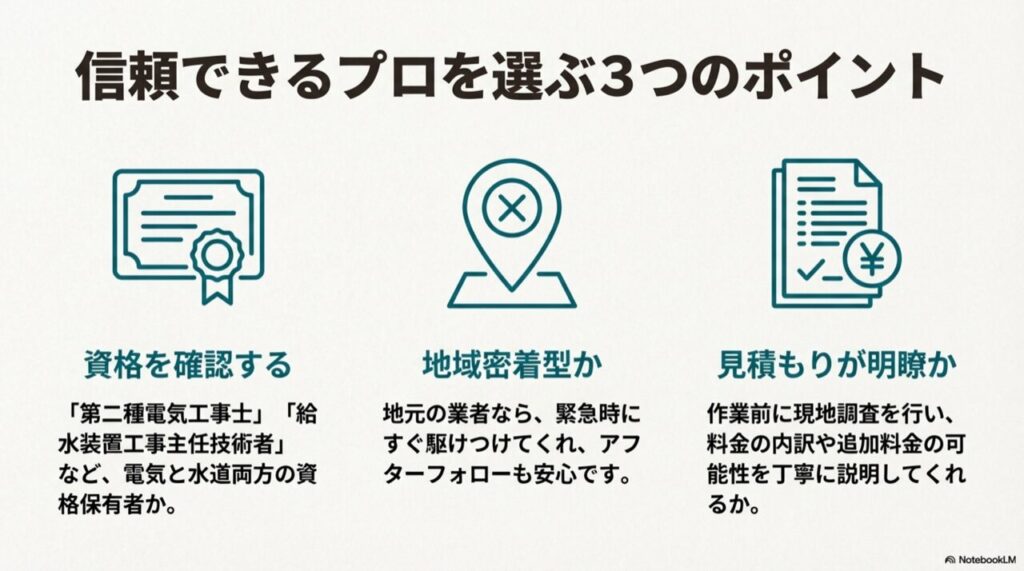 1.電気と水道の有資格者か、2.地域密着型か、3.見積もりが明瞭かを確認するためのチェックポイント。