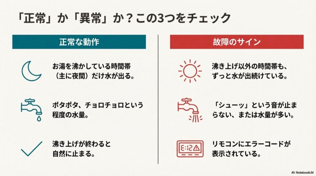 正常な動作は沸き上げ中のみ水が出る状態。異常なサインは、沸き上げ以外の時間も水が出る、水量が多い、エラーコードが表示されている状態。