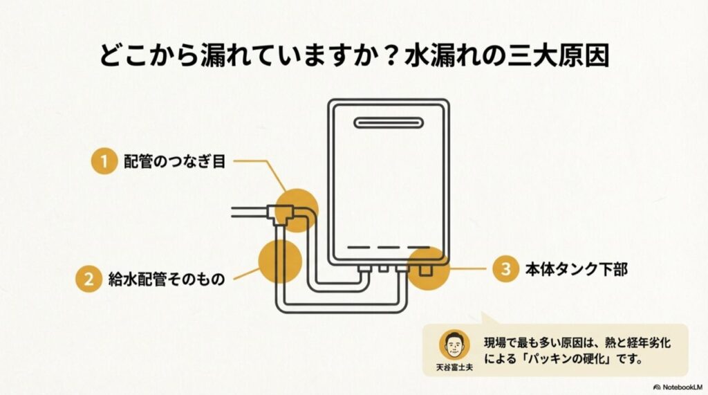 水漏れの主な原因箇所である「配管のつなぎ目」「給水配管」「本体タンク下部」の位置を示した図解。