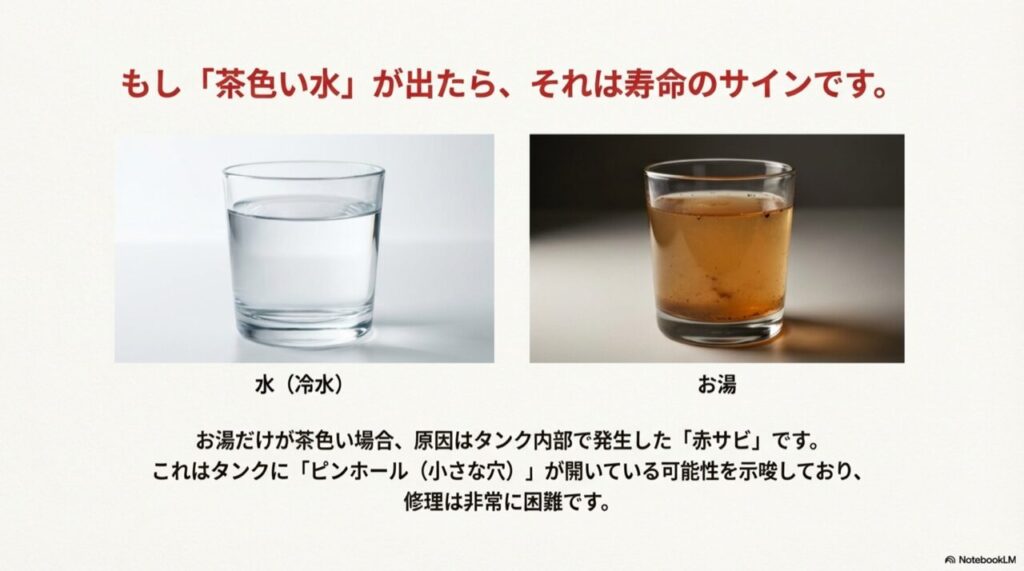 透明な水と茶色い水の比較写真。お湯だけが茶色い場合はタンク内部の赤サビやピンホールが原因であり、修理が困難な状態を示す。