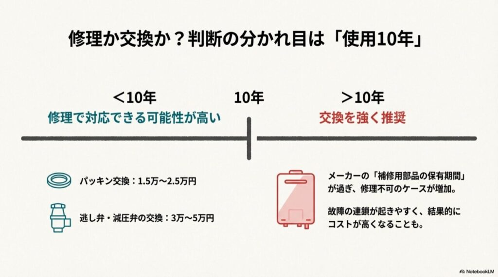 使用10年未満なら修理、10年以上なら交換を推奨。部品保有期間終了や故障の連鎖によるコスト増のリスクを解説したグラフ。