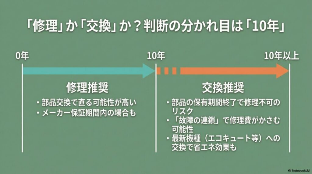 10年未満の修理推奨と10年以上の交換推奨を比較したスライド