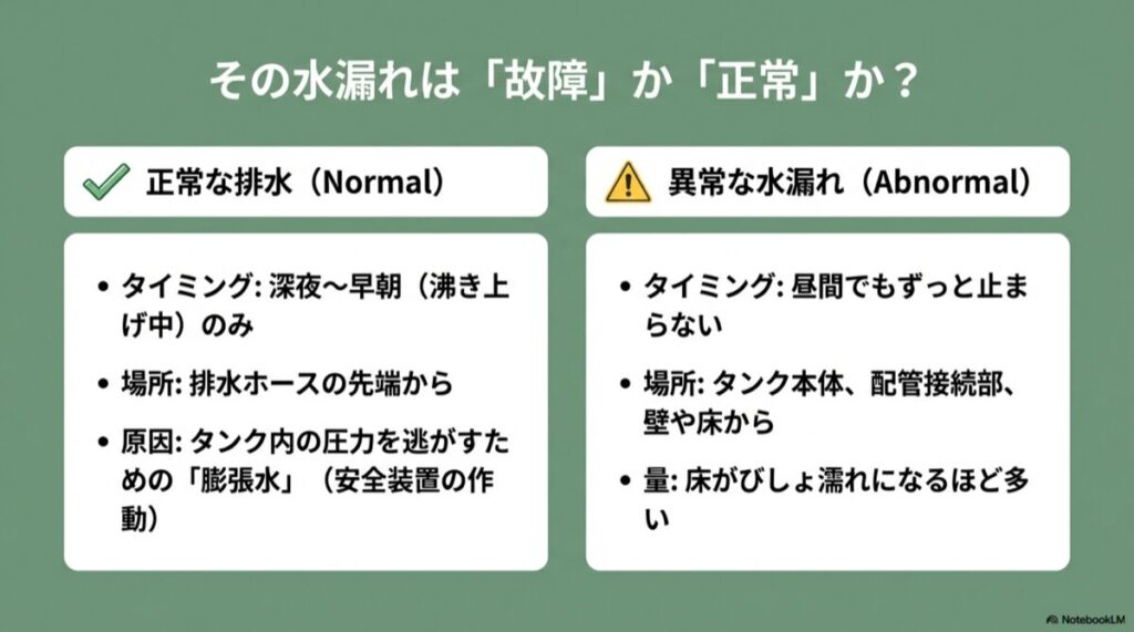 正常な排水（深夜の膨張水）と異常な水漏れ（昼間の漏水）の比較表