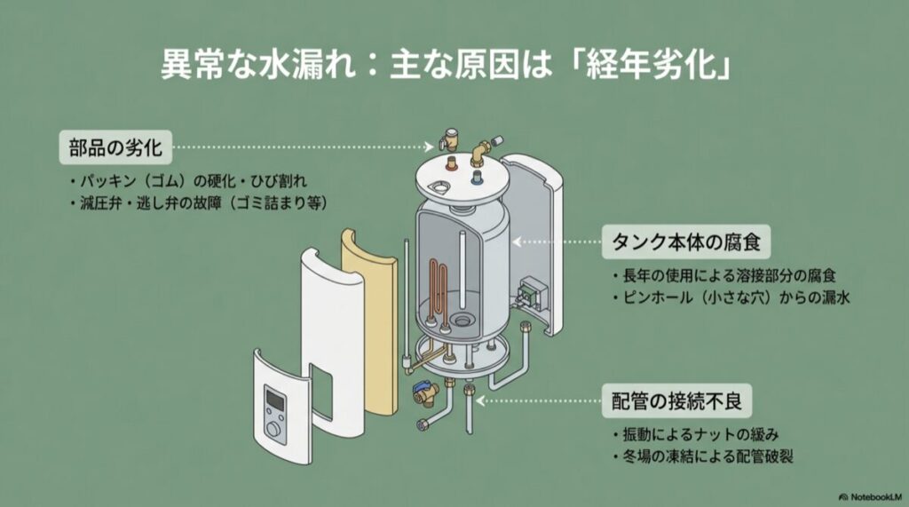 電気温水器の内部構造図。部品劣化、タンク腐食、配管接続不良のポイント解説