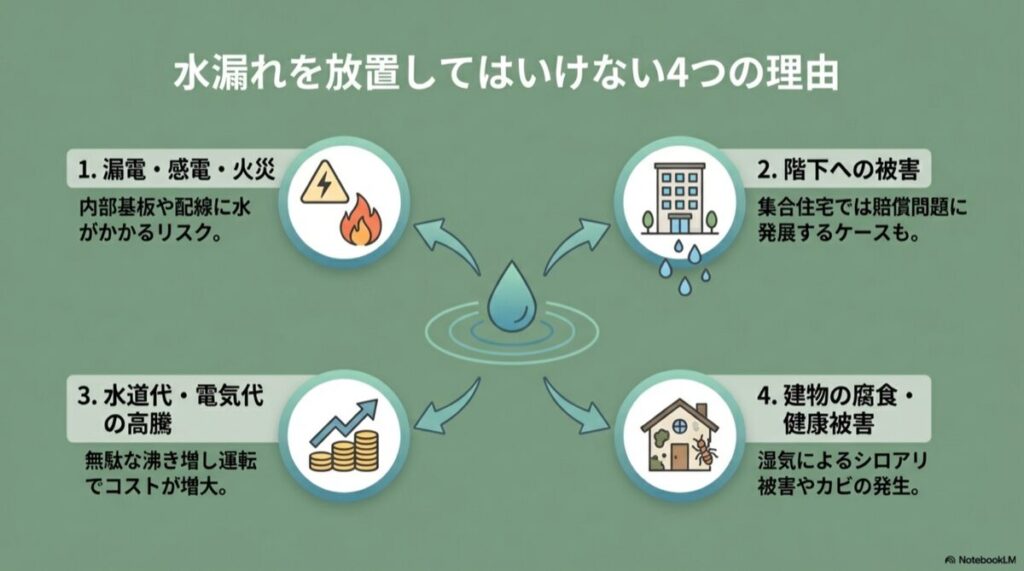 漏電、階下被害、光熱費高騰、建物腐食の4つのアイコン