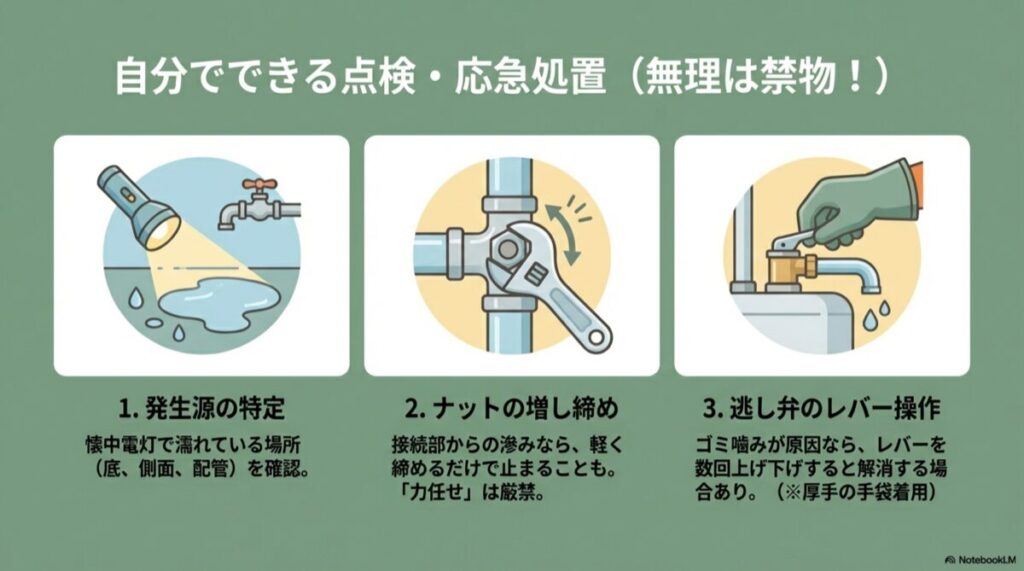 懐中電灯での点検、ナットの増し締め、逃し弁操作の3つの手順イラスト