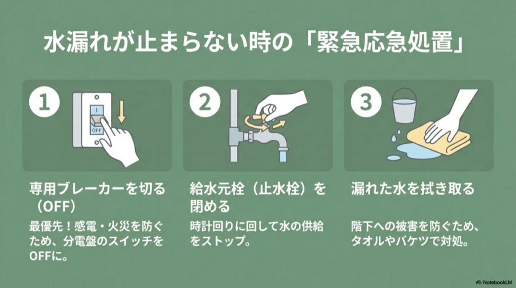 ブレーカーOFF、止水栓を閉める、水を拭き取るの3ステップ解説