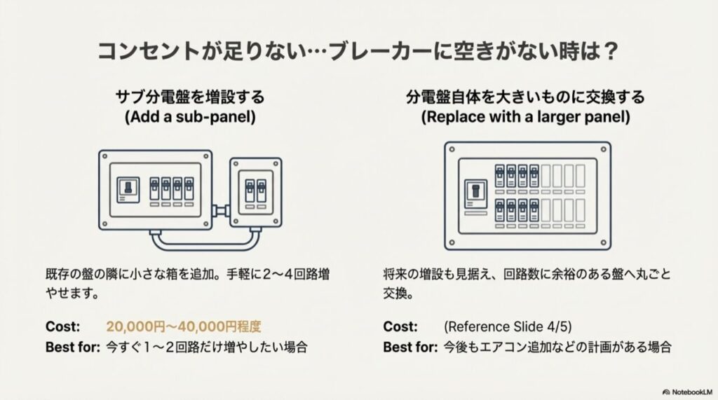 既存の盤の横にサブ盤を追加する方法と、大きな盤へ丸ごと交換する方法の比較イラスト