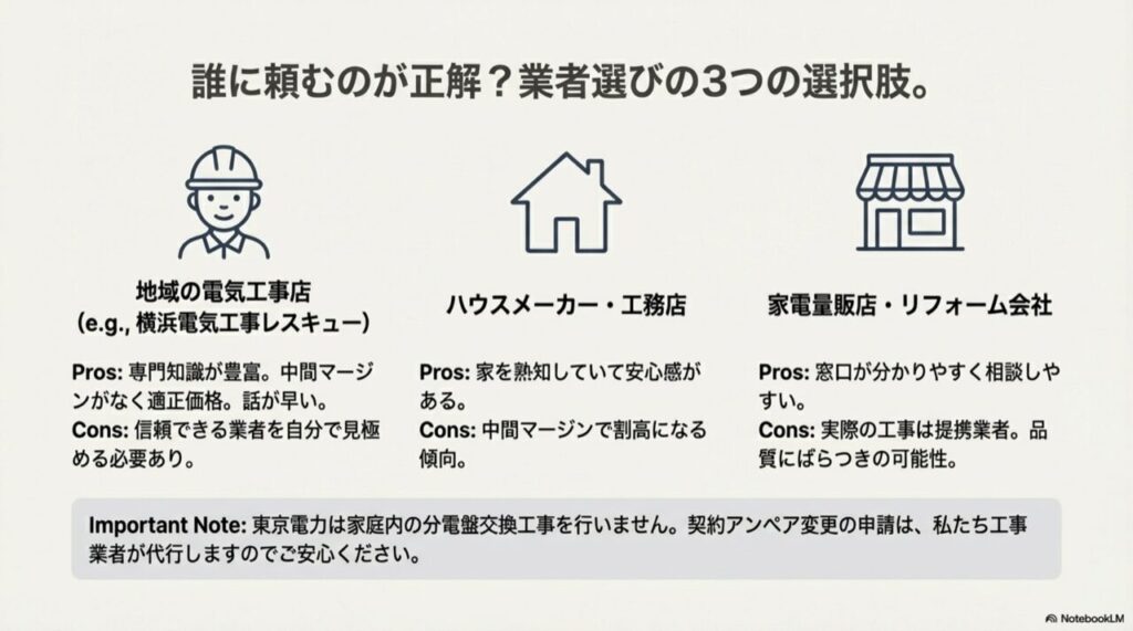 地域の電気店、家、店舗のアイコンとそれぞれのメリット・デメリット比較表