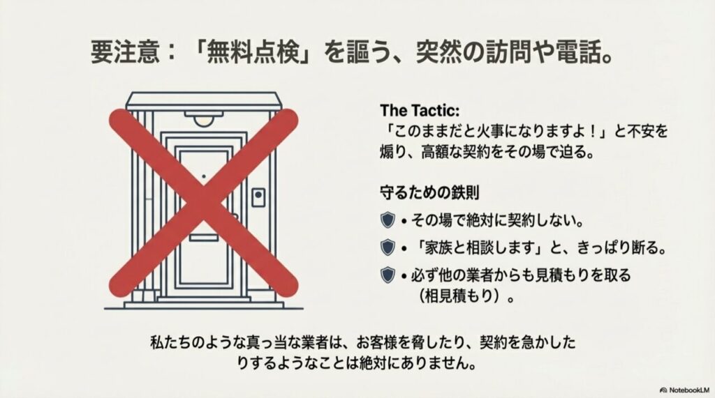 訪問販売員に対し「NG」を示すドアのイラストと、契約を急かす手口への警告