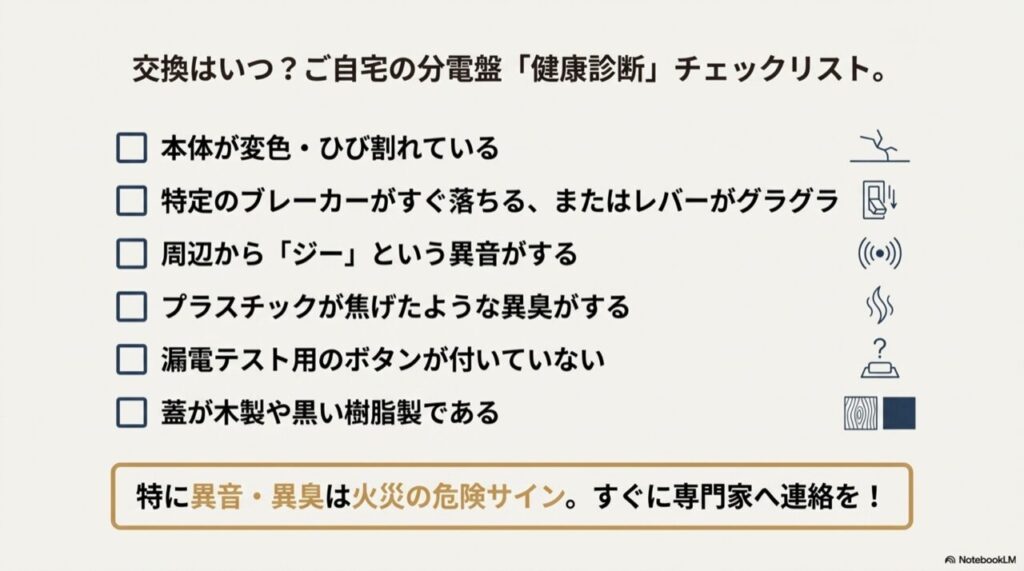 変色、異音、異臭、漏電ボタンなしなどの危険な症状を確認するチェックシート
