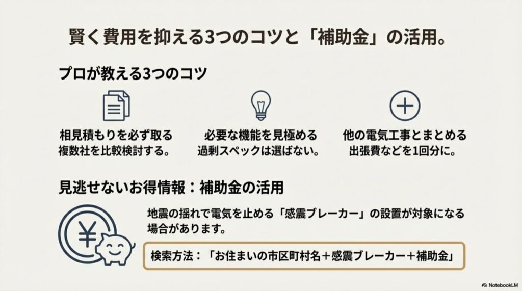 相見積もりや工事のまとめ発注を示すアイコンと、補助金活用のイメージ図