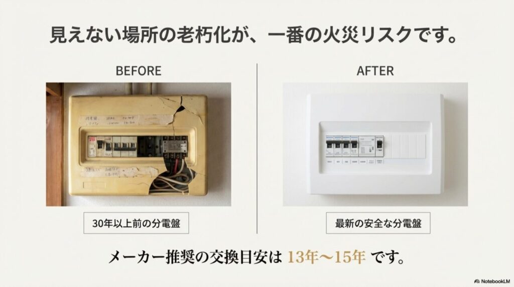 古く劣化した分電盤と、交換後の白く清潔な新しい分電盤の比較写真