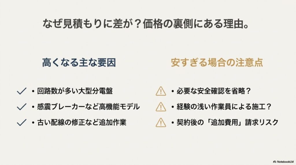 回路数の多さや感震機能などの価格上昇要因と、安すぎる業者のリスクをまとめたリスト