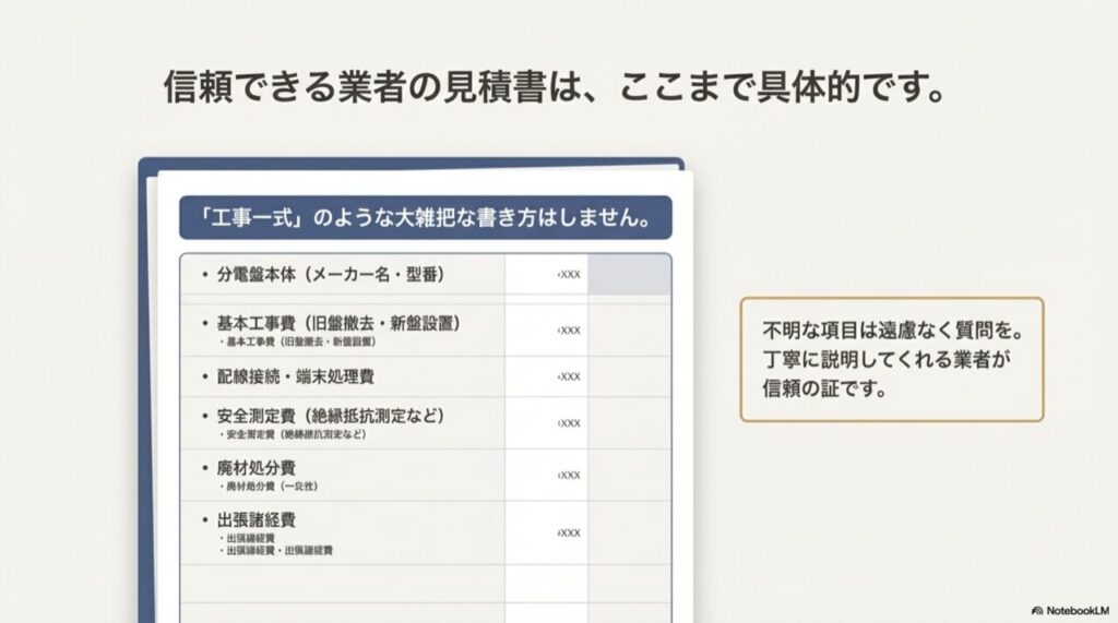 分電盤本体、基本工事費、安全測定費などが詳細に記載された見積書のイメージ図