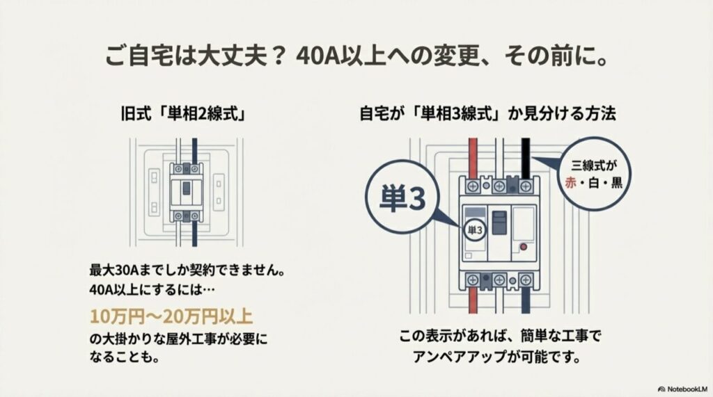 ブレーカーに「単3」の表示があり、赤・白・黒の3本の線が繋がっている図解イラスト