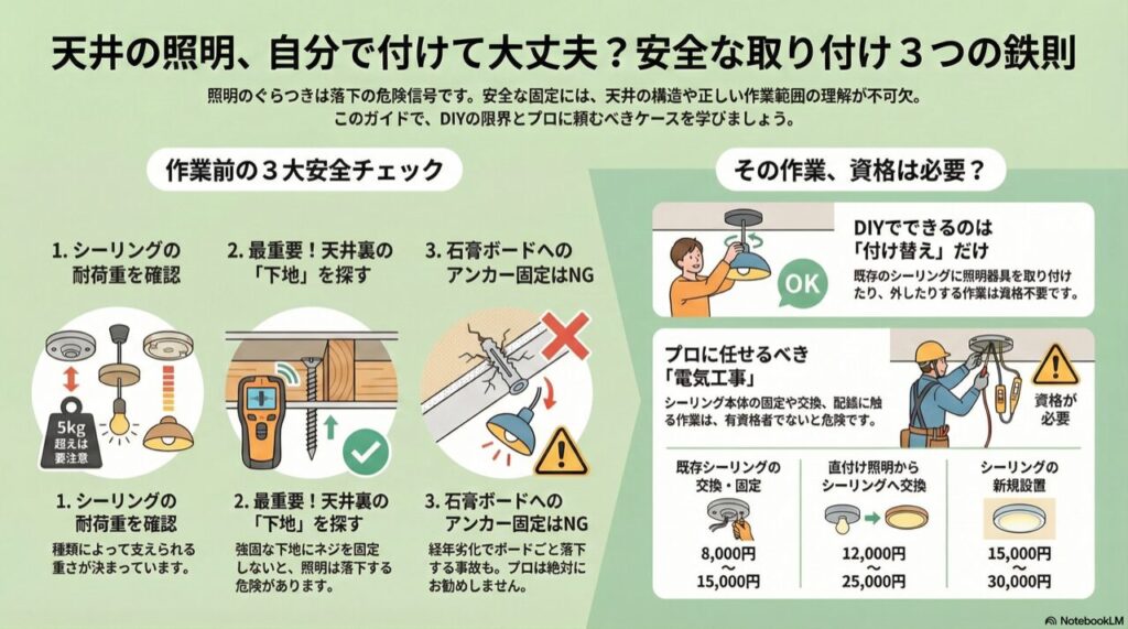 天井の照明、自分で付けて大丈夫？安全な取り付け3つの鉄則
