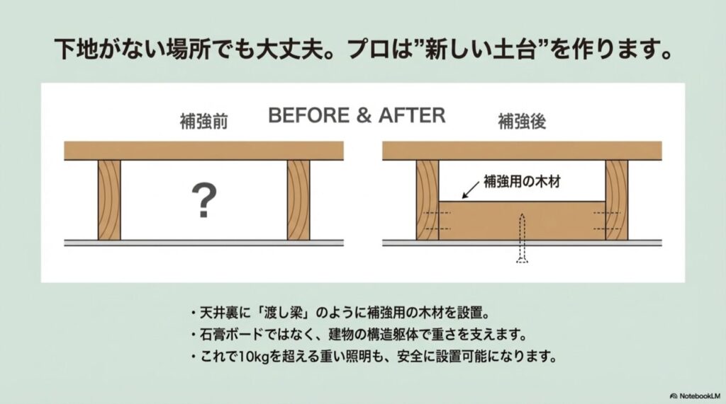 天井裏に補強用の木材を入れて、重い照明を支える構造のBefore/After図解