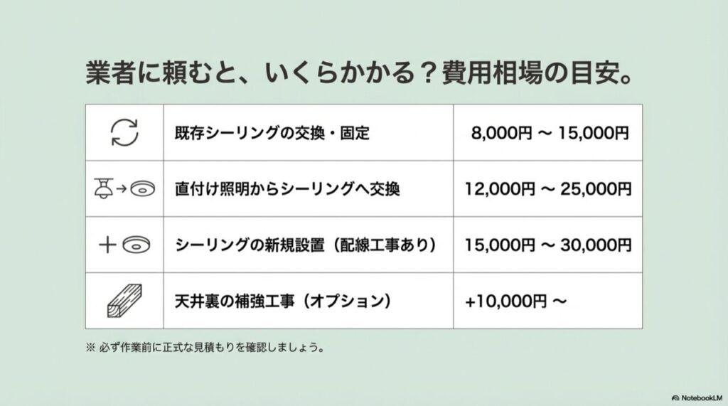 照明交換、シーリング新規設置、補強工事などの料金目安一覧表