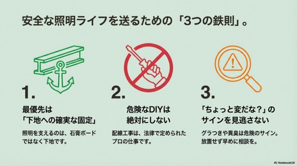 下地固定、危険なDIY禁止、異変の察知という3つの重要ポイントまとめ