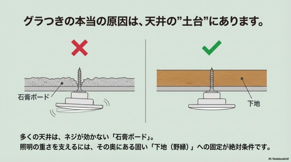 ネジが石膏ボードのみに刺さっている危険な状態と、下地にしっかり固定されている安全な状態の比較断面図