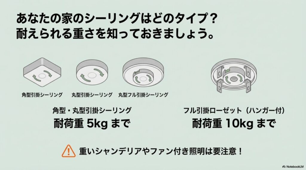 角型・丸型引掛シーリングとフル引掛ローゼットの形状イラストと耐荷重（5kg/10kg）の比較図