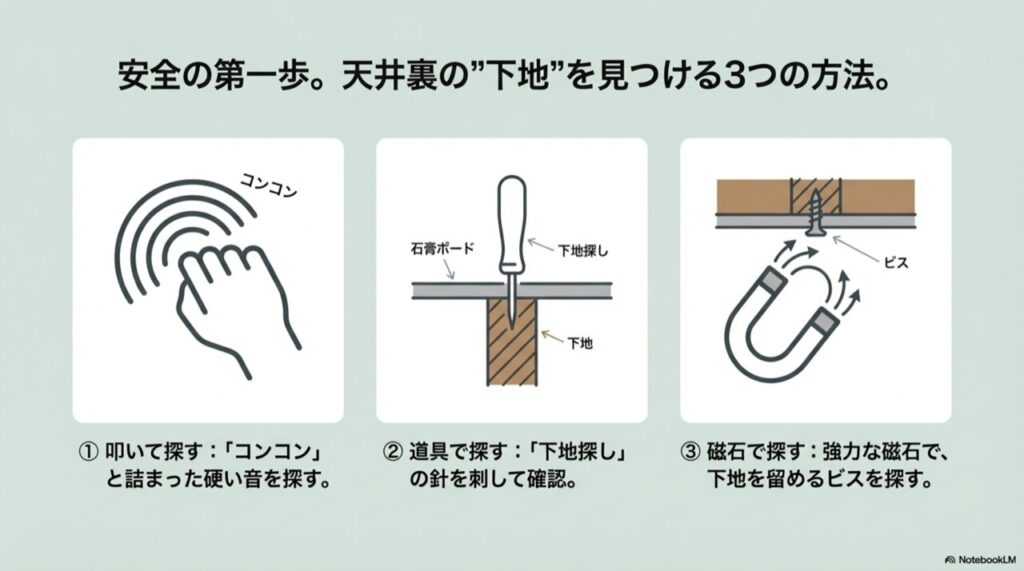 壁を叩く、下地探し針を使う、磁石を使うという3つの下地確認方法のイラスト