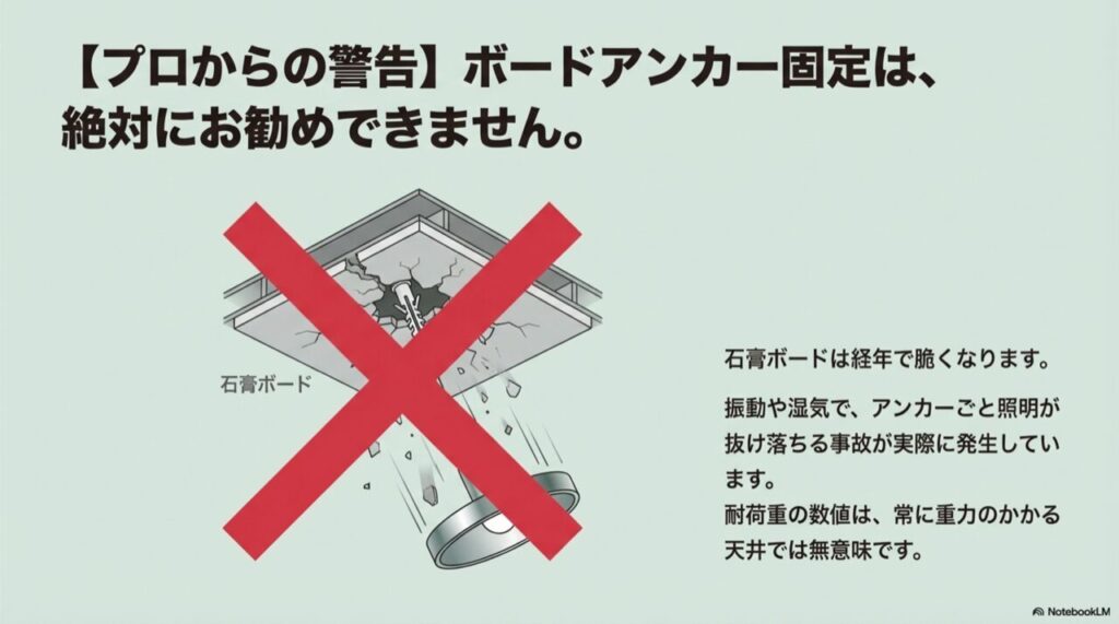 ボードアンカーが抜け落ちて照明器具が落下する事故の警告イラスト