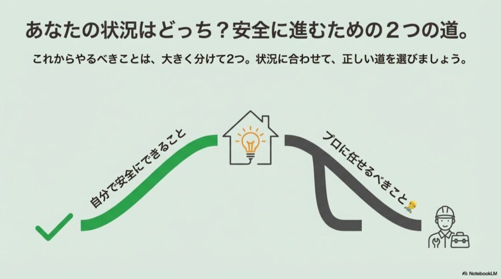 自分で安全にできることとプロに任せるべきことを分ける分岐点のイラスト