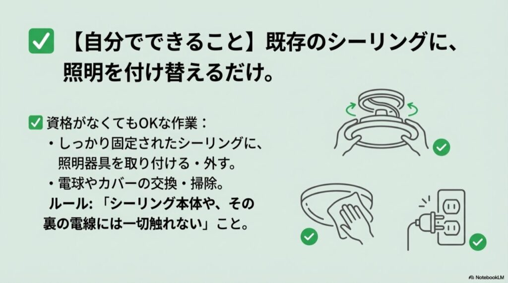 既存シーリングへの照明取り付けや掃除など、自分で安全に行える作業のイラスト