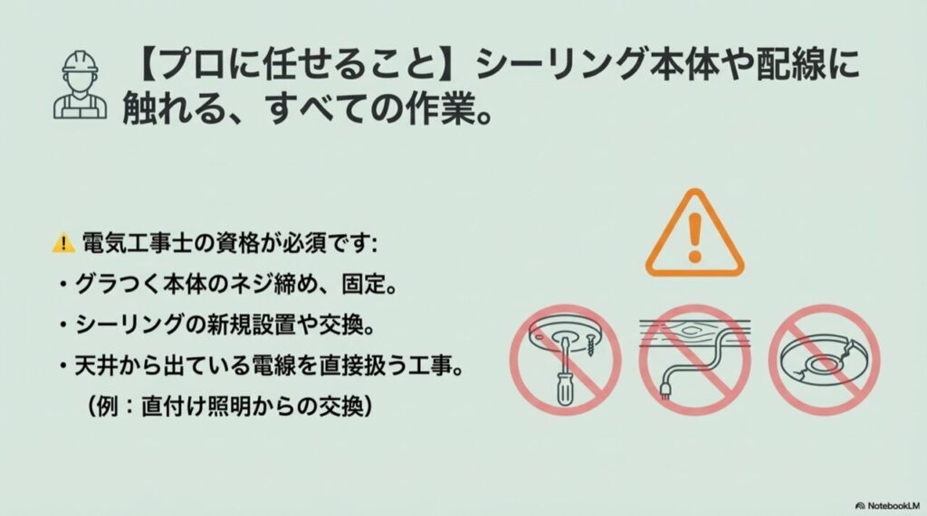 シーリング本体のネジ止めや配線作業に禁止マークがついた警告イラスト