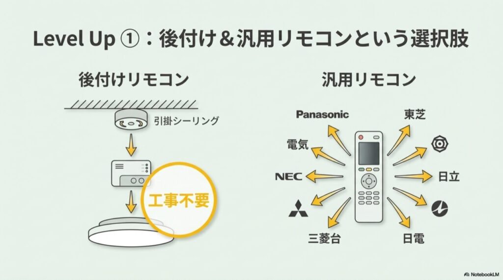 引掛シーリングに後付け受信機を設置する図解（工事不要）と、各社対応の汎用リモコンのイラスト。