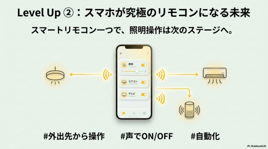 スマートフォン画面で照明、エアコン、テレビを操作しているイラスト。外出先からの操作や音声操作のアイコン。