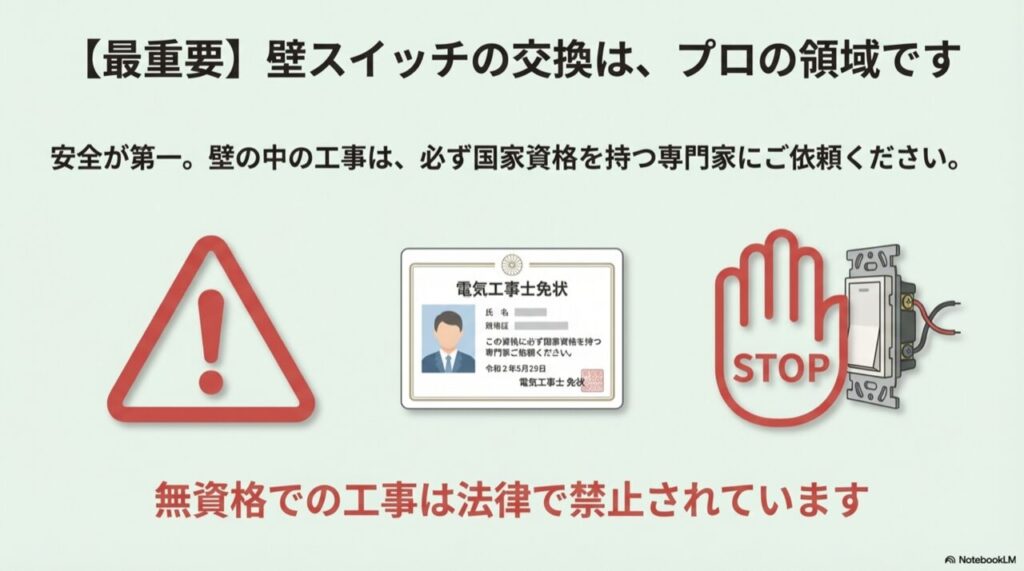 電気工事士免状のサンプル画像と、無資格工事禁止を示すSTOPマークの警告イラスト。