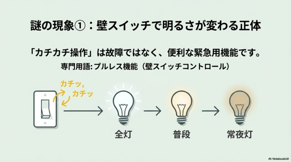 壁スイッチをカチカチと操作することで、全灯・普段・常夜灯とモードが切り替わるイラスト解説。