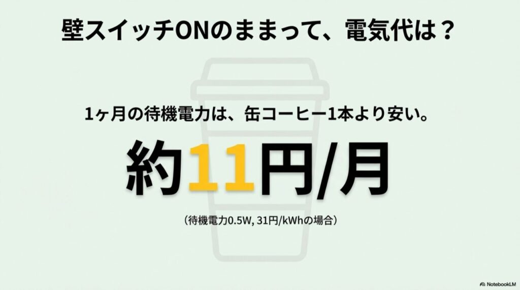 約11円/月という大きな文字。待機電力による1ヶ月の電気代は缶コーヒー1本より安いことを示す比較イラスト。