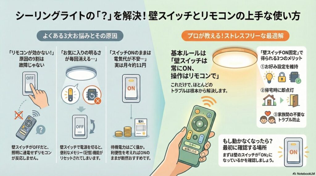 シーリングライトの「？」を解決！壁スイッチとリモコンの上手な使い方