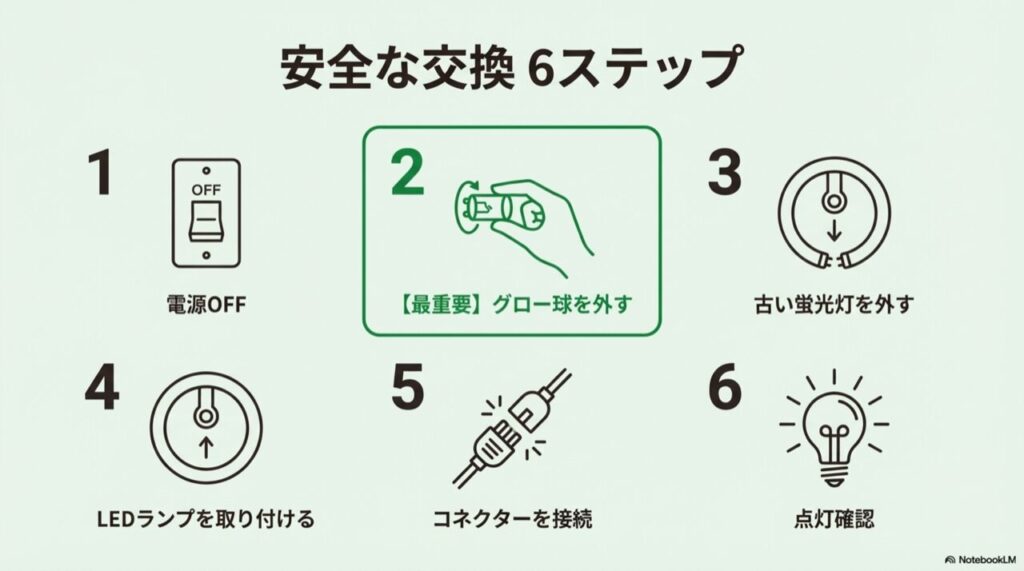 電源OFFからグロー球取り外し、LED取り付けまでの流れを描いたイラスト図解
