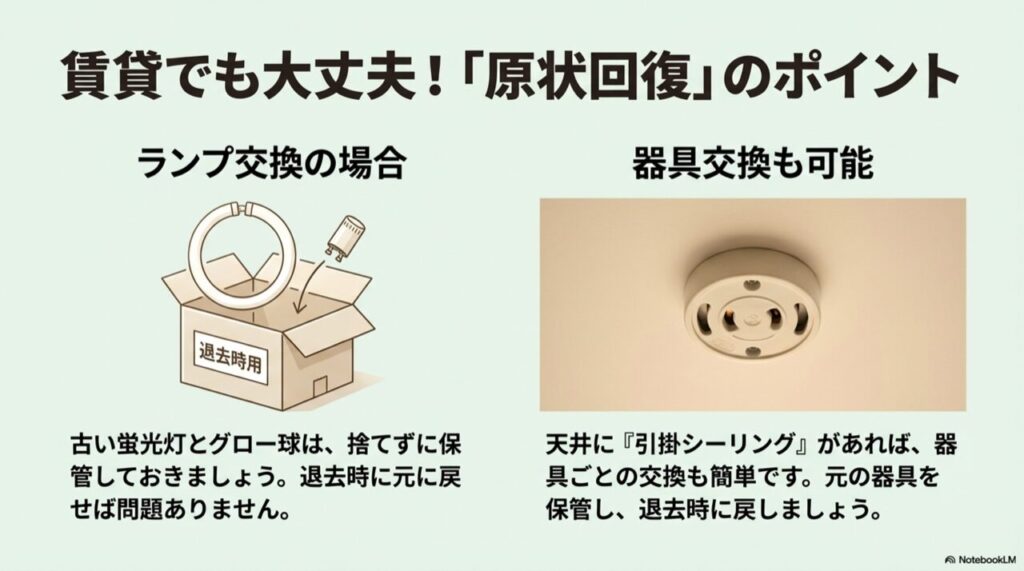 取り外した蛍光灯を箱に入れて保管するイラストと引掛シーリングの説明