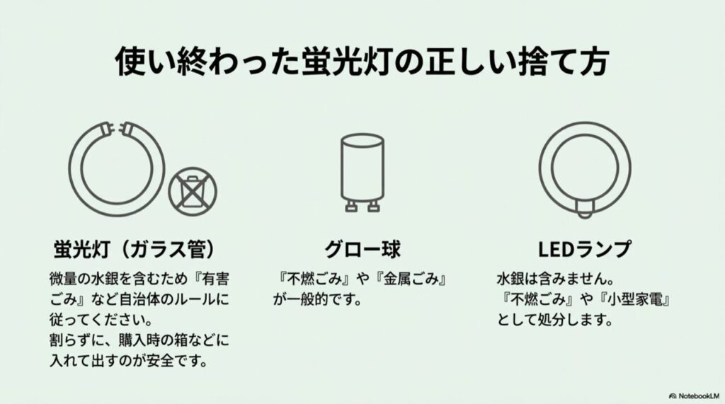 蛍光灯は割らずに箱へ、LEDは不燃ごみへ捨てる分別アイコン